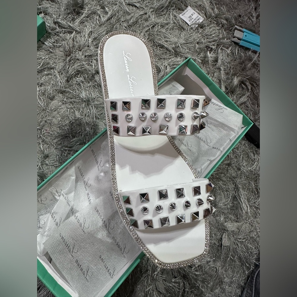 Lauren Lorraine White Sandals with Silver Studs